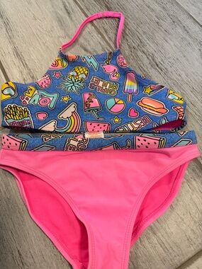 Girls Rule Girls' Pink Two-Piece Swim Set with Fun Graphic Top 7/8